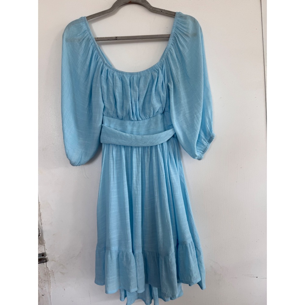 Sky Blue Open Back Tie Back Mini Dress with Balloon Sleeves and Ruffle Hem